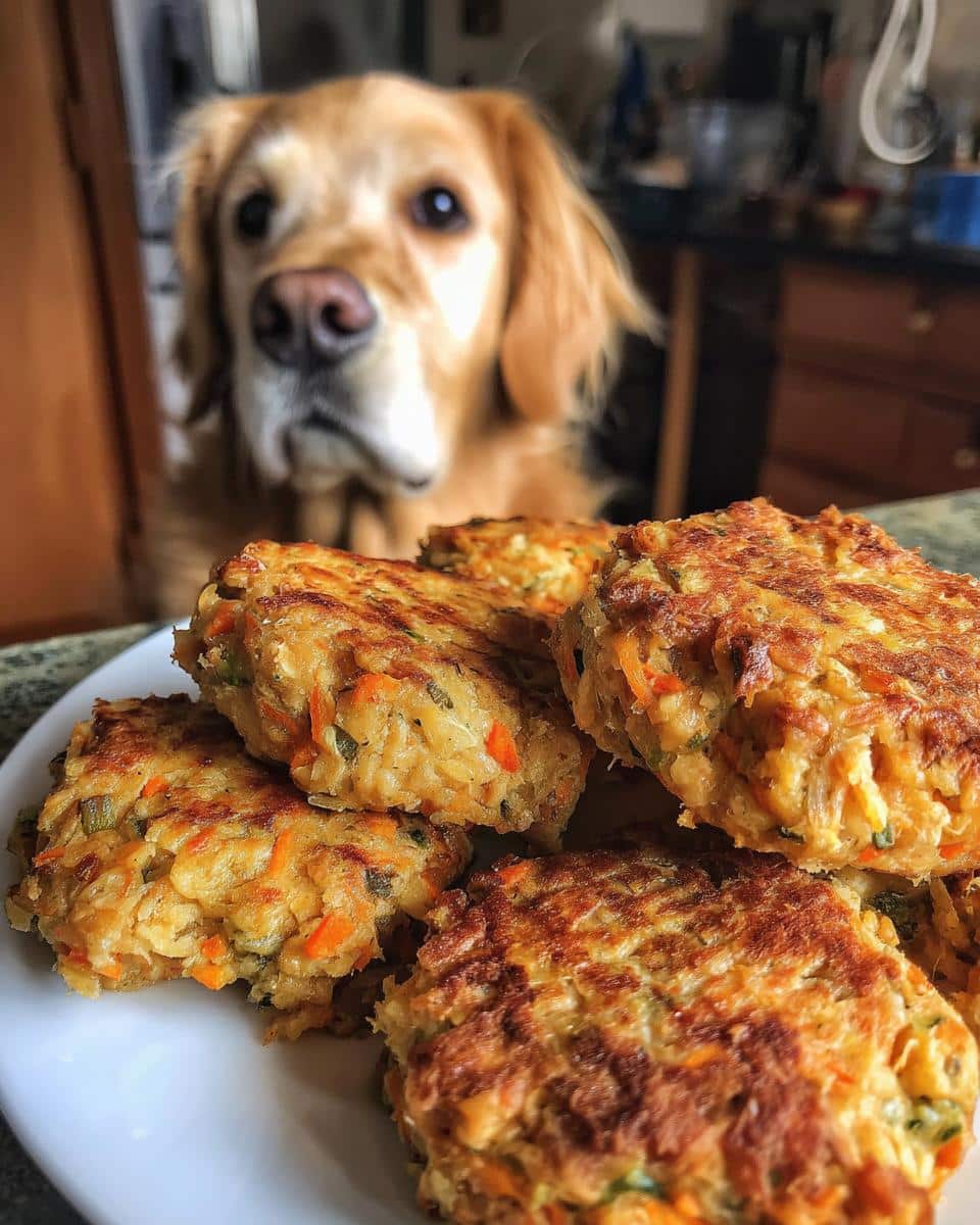 A plate of Rice & Chicken Patties – Recipe for Dogs, with a golden retriever looking longingly in the background.