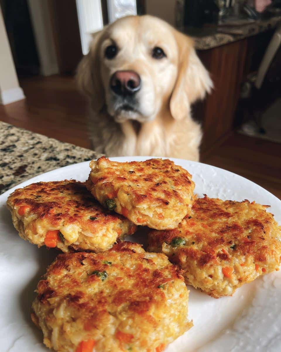 A plate of Rice & Chicken Patties for Dogs with a golden retriever looking longingly in the background.