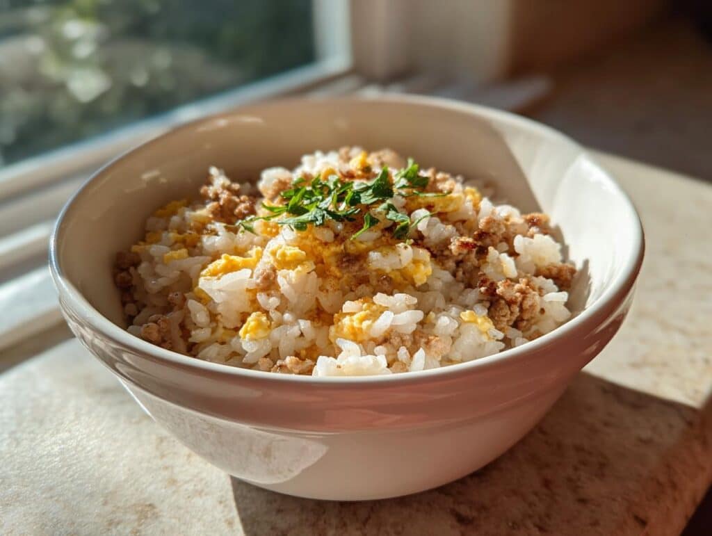 A white bowl filled with a Rice and Egg Bowl DOG RECIPE, featuring rice, egg, and diced pumpkin.