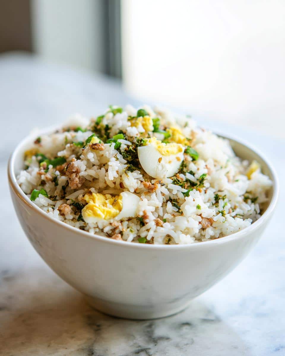 A delicious Rice and Egg Bowl DOG RECIPE served in a white bowl, featuring rice, egg, and green garnish.