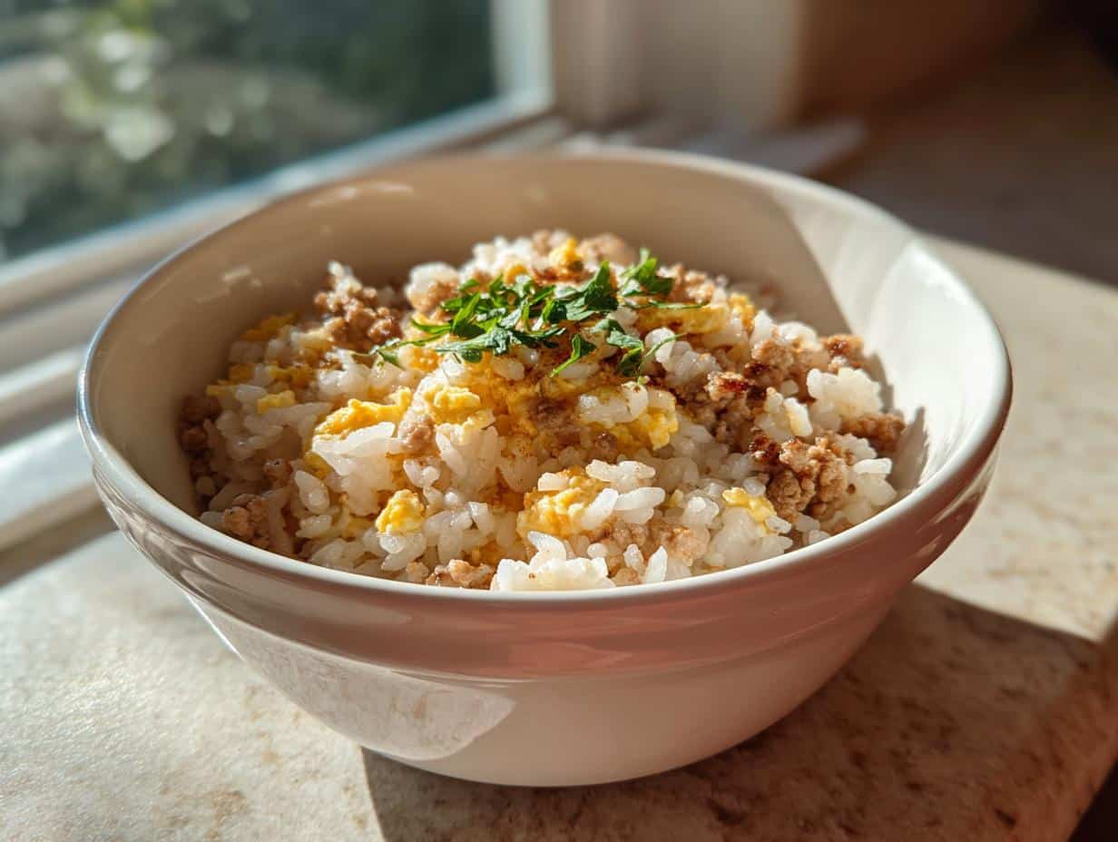 A white bowl filled with a Rice and Egg Bowl DOG RECIPE, featuring rice, egg, and diced pumpkin.