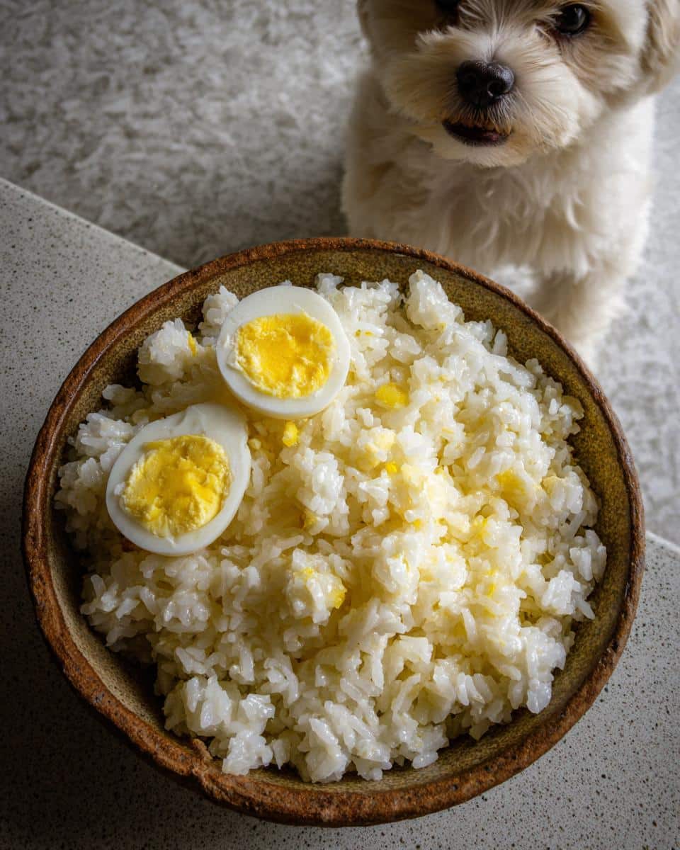 A bowl of Rice & Egg Small Dog Meal Recipe with a small dog looking at it.
