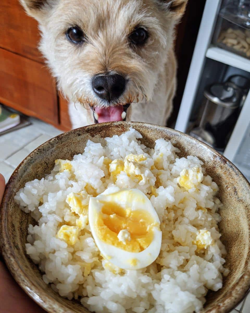 A bowl of Rice & Egg Small Dog Meal Recipe with a happy dog eagerly waiting to eat it.
