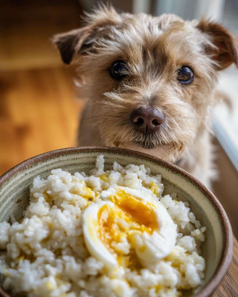 Small dog looking at a bowl of Rice & Egg Small Dog Meal. Nutritious and simple recipe.