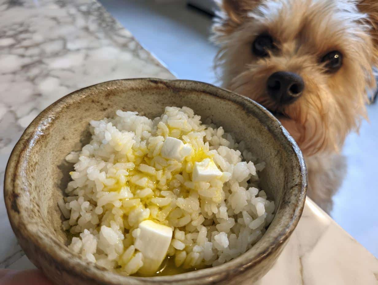 A bowl of Rice & Egg Small Dog Meal Recipe with a cute dog looking at it, ready to eat.