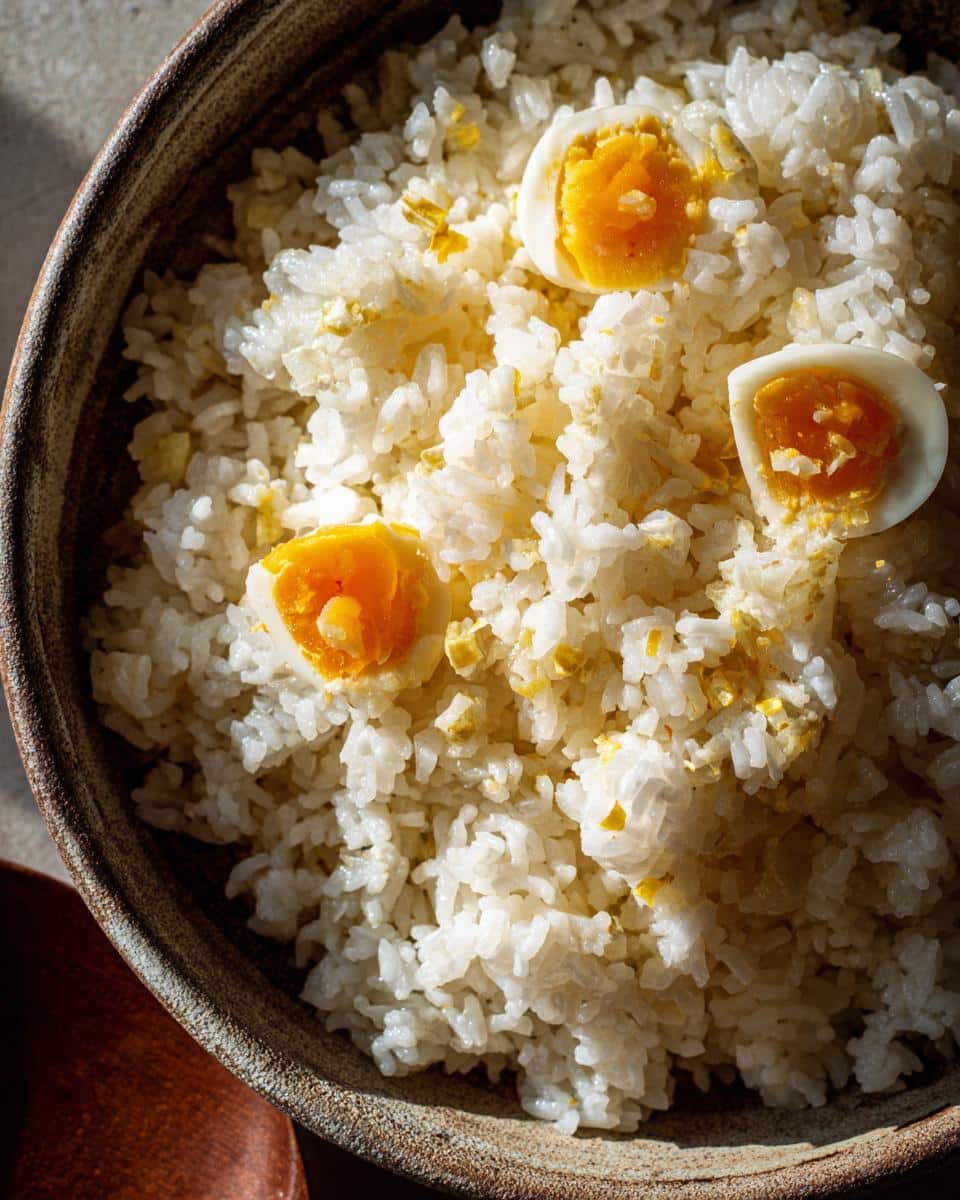 Bowl of Rice & Egg Small Dog Meal Recipe, featuring rice mixed with scrambled egg and topped with sliced boiled egg.