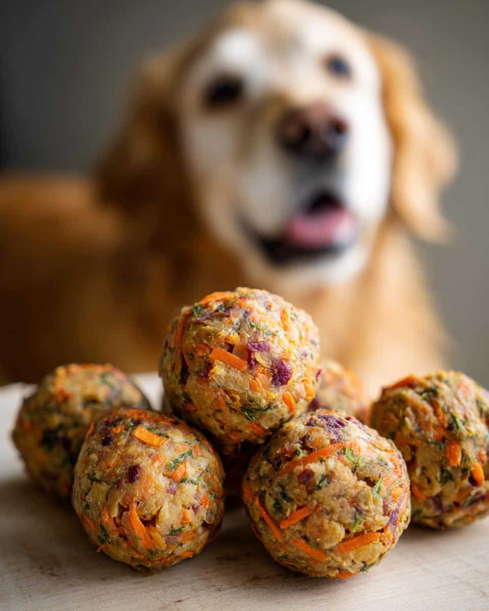 A pile of Rice & Veggie Balls – Recipe for Dogs, with a happy golden retriever dog in the background.