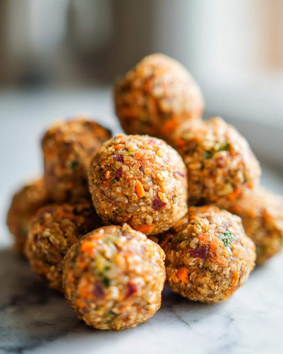 A stack of homemade Rice & Veggie Balls – Recipe for Dogs, showing visible rice, carrots, and other vegetables.