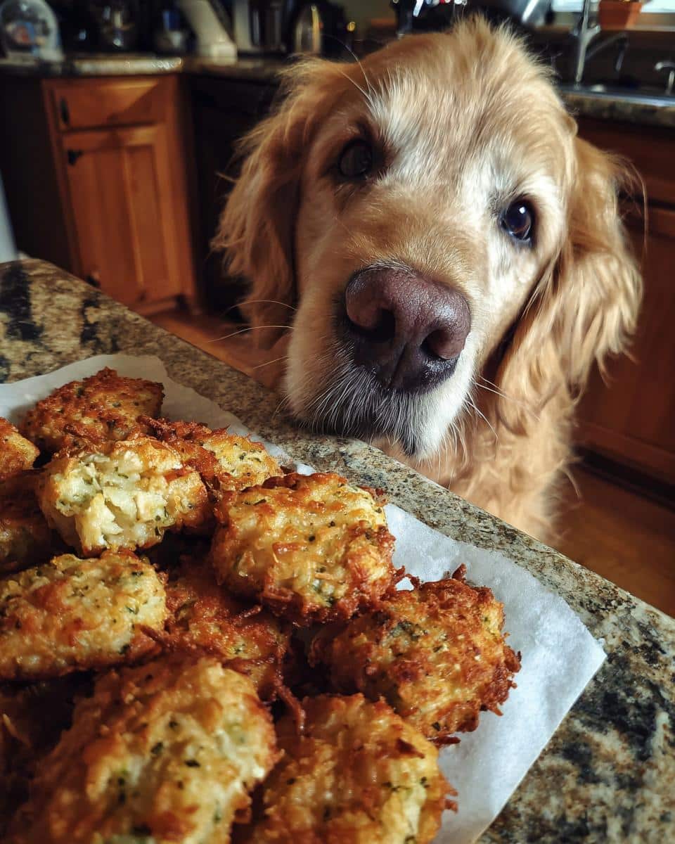 Golden retriever looking longingly at a plate of Salmon & Broccoli Nuggets – Recipe for Dogs.