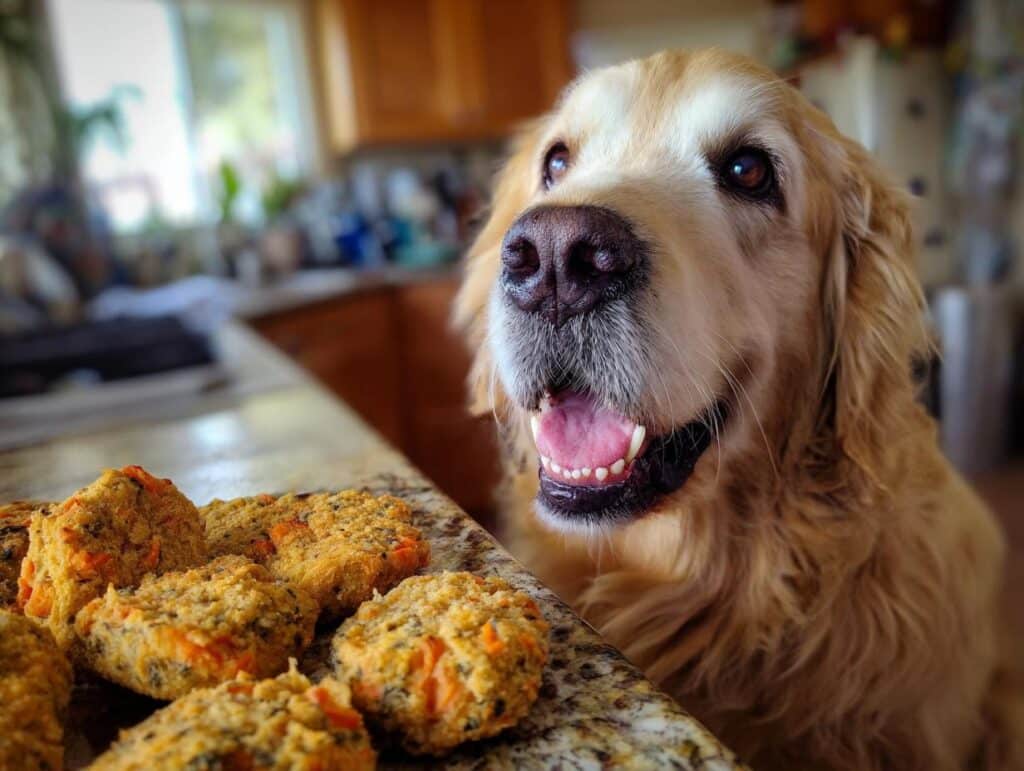Golden Retriever looking eagerly at a plate of Salmon & Broccoli Nuggets. Healthy dog treats.