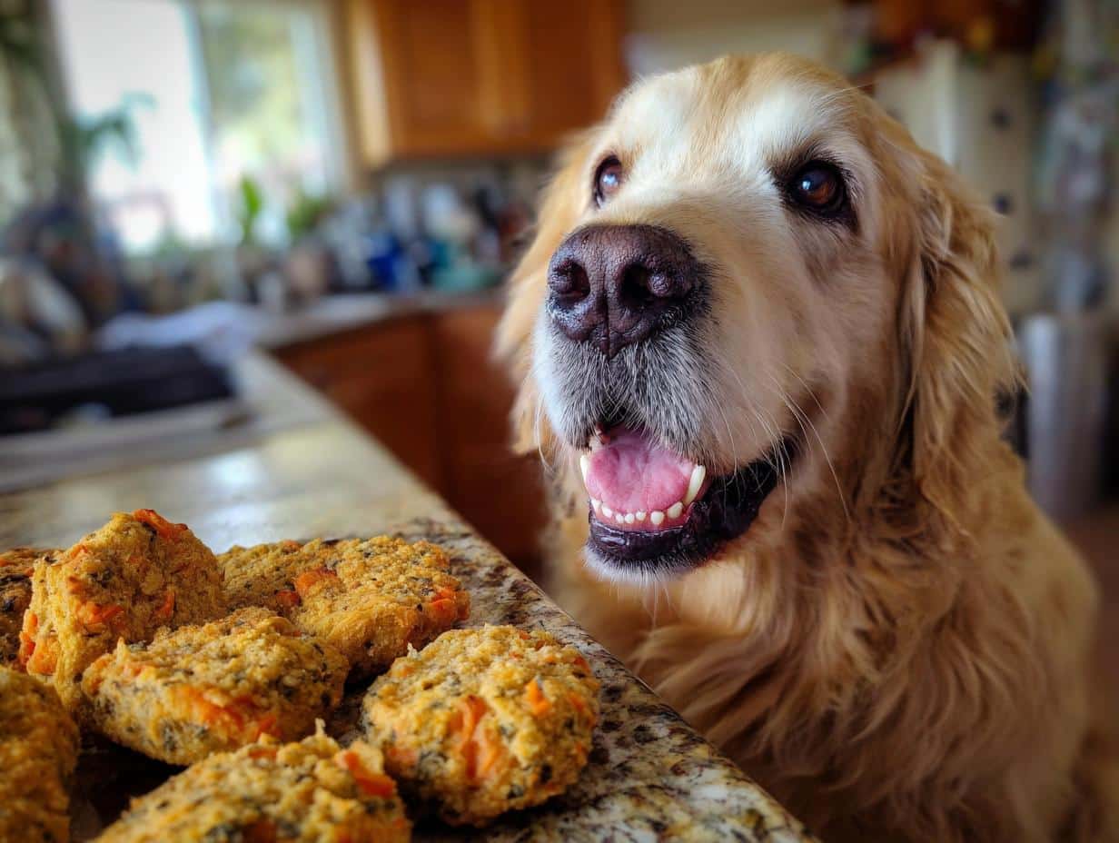Golden Retriever looking eagerly at a plate of Salmon & Broccoli Nuggets. Healthy dog treats.