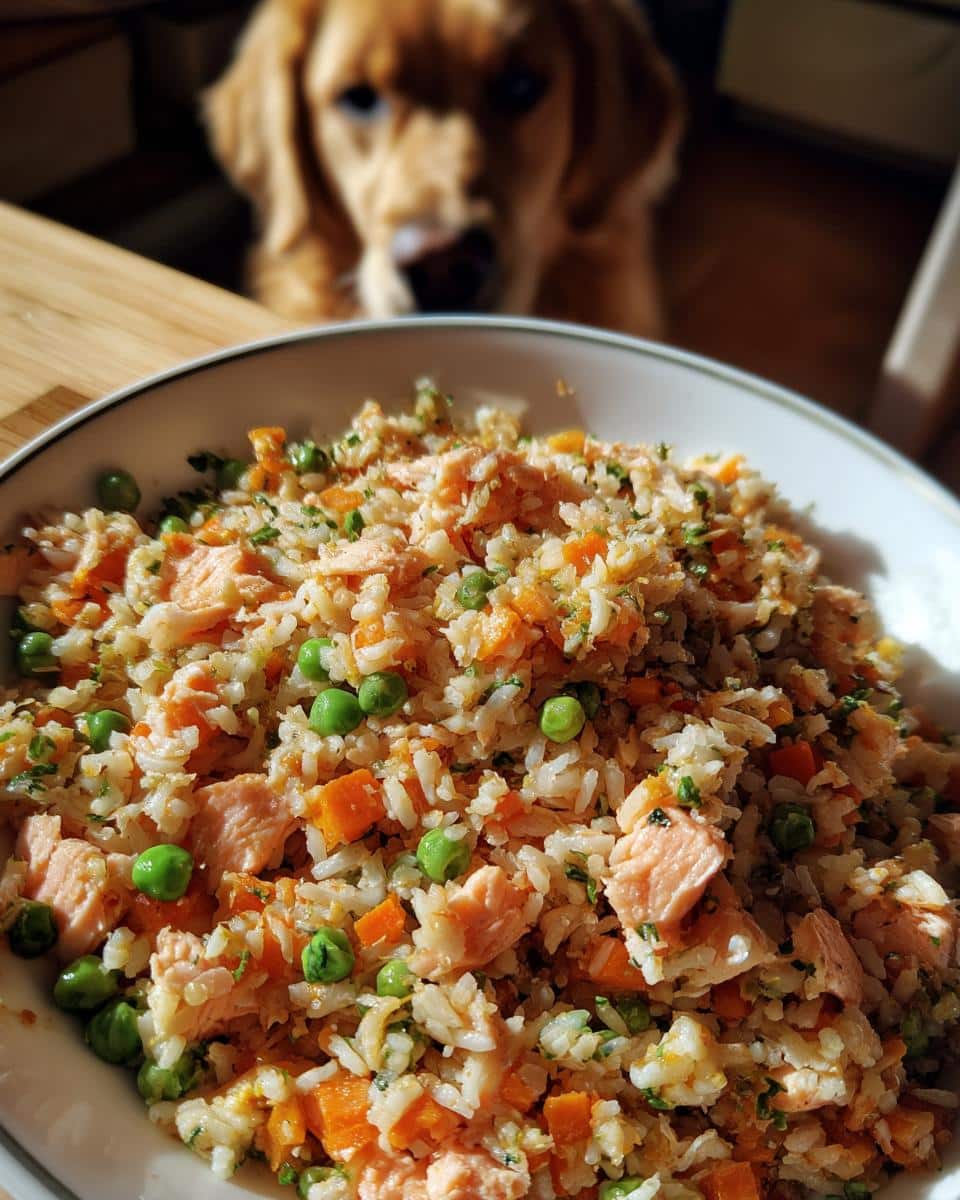 Bowl of Salmon & Brown Rice Best Dog Food Recipe with carrots, peas, and a golden retriever looking on.