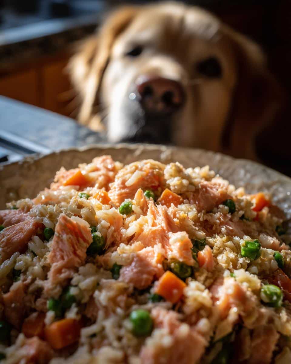 Golden retriever dog looking longingly at a bowl of Salmon & Brown Rice Best Dog Food Recipe.