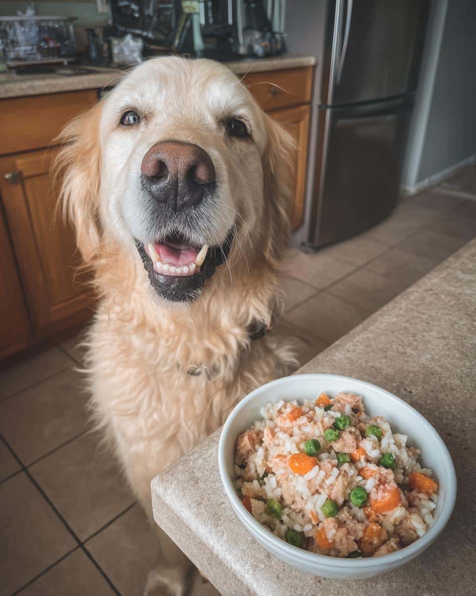 Golden Retriever eagerly awaits a bowl of Salmon & Brown Rice Dog Food. Healthy and delicious!