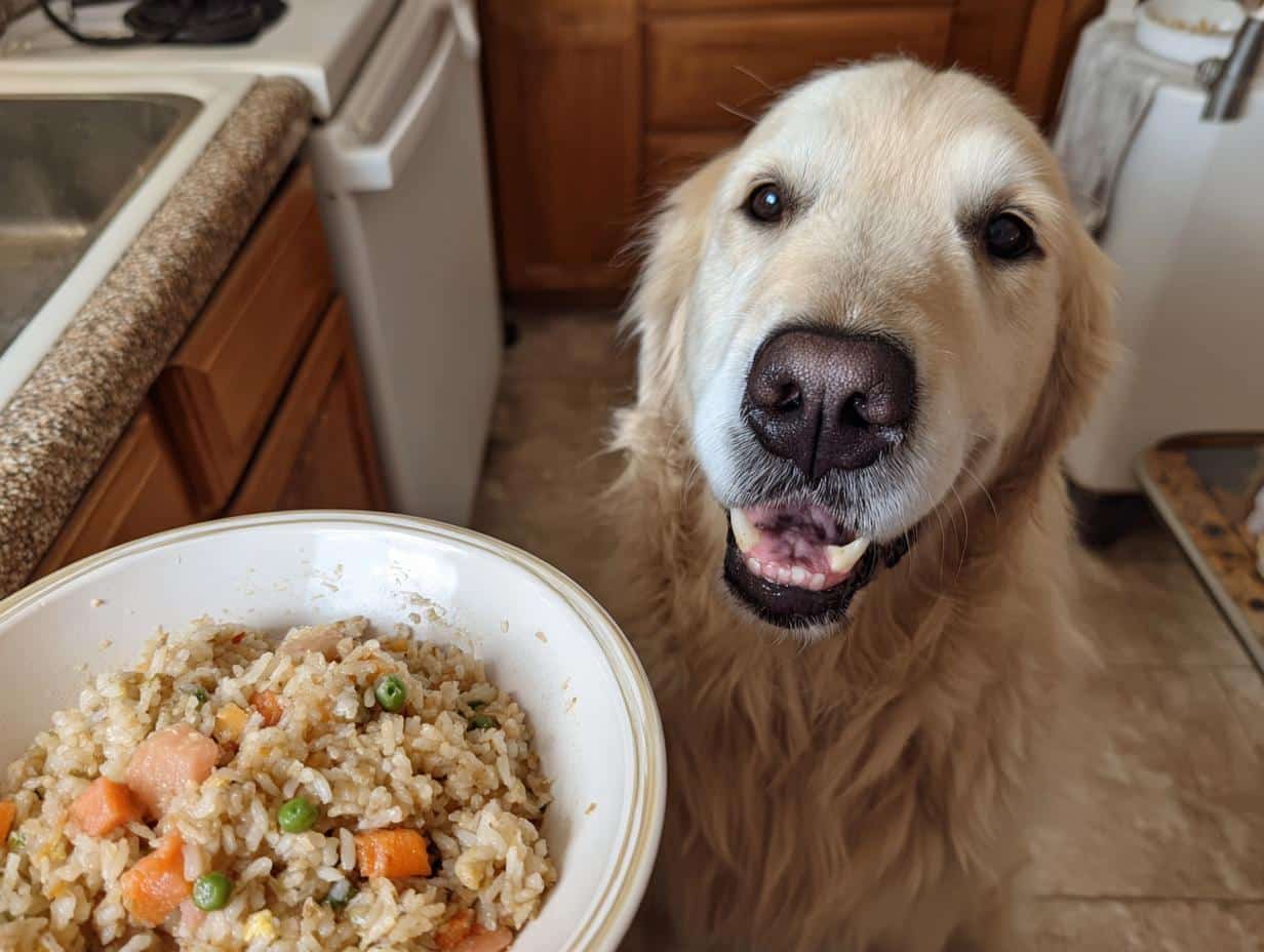 Golden Retriever looking eagerly at a bowl of Salmon & Brown Rice Dog Food.