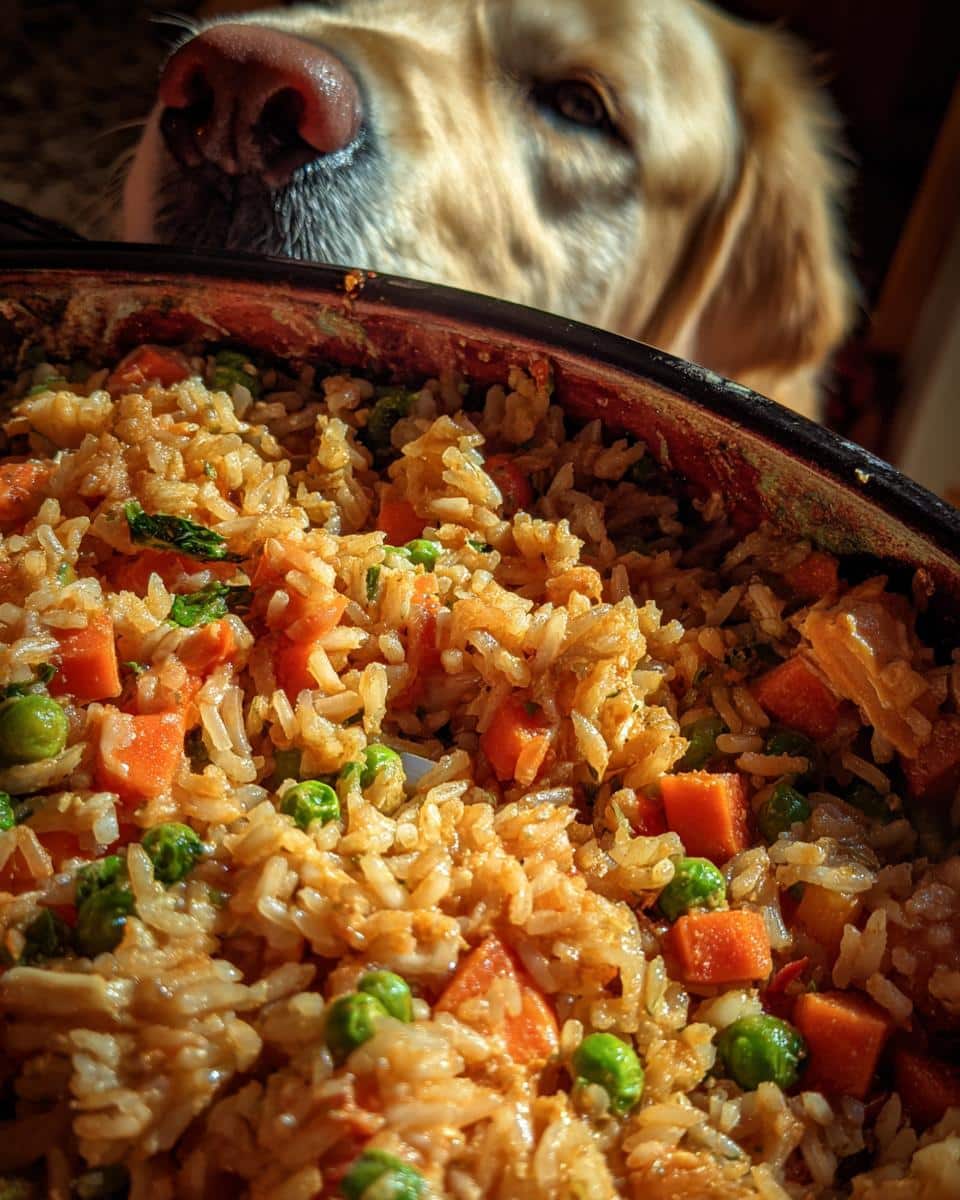 Golden retriever dog looking longingly at a bowl of Salmon & Brown Rice Best Dog Food Recipe with carrots and peas.