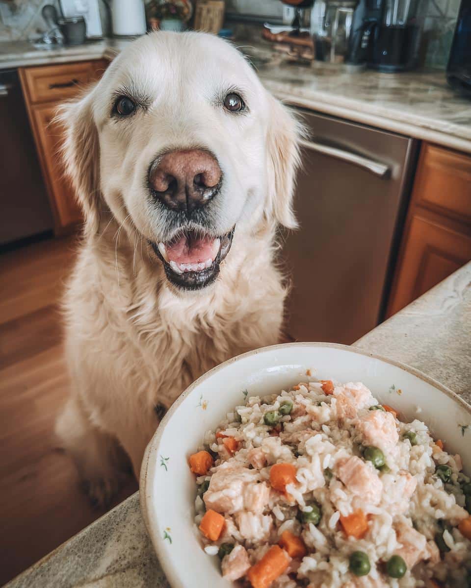 Golden Retriever eagerly awaits a bowl of Salmon & Brown Rice Dog Food. Healthy and happy!