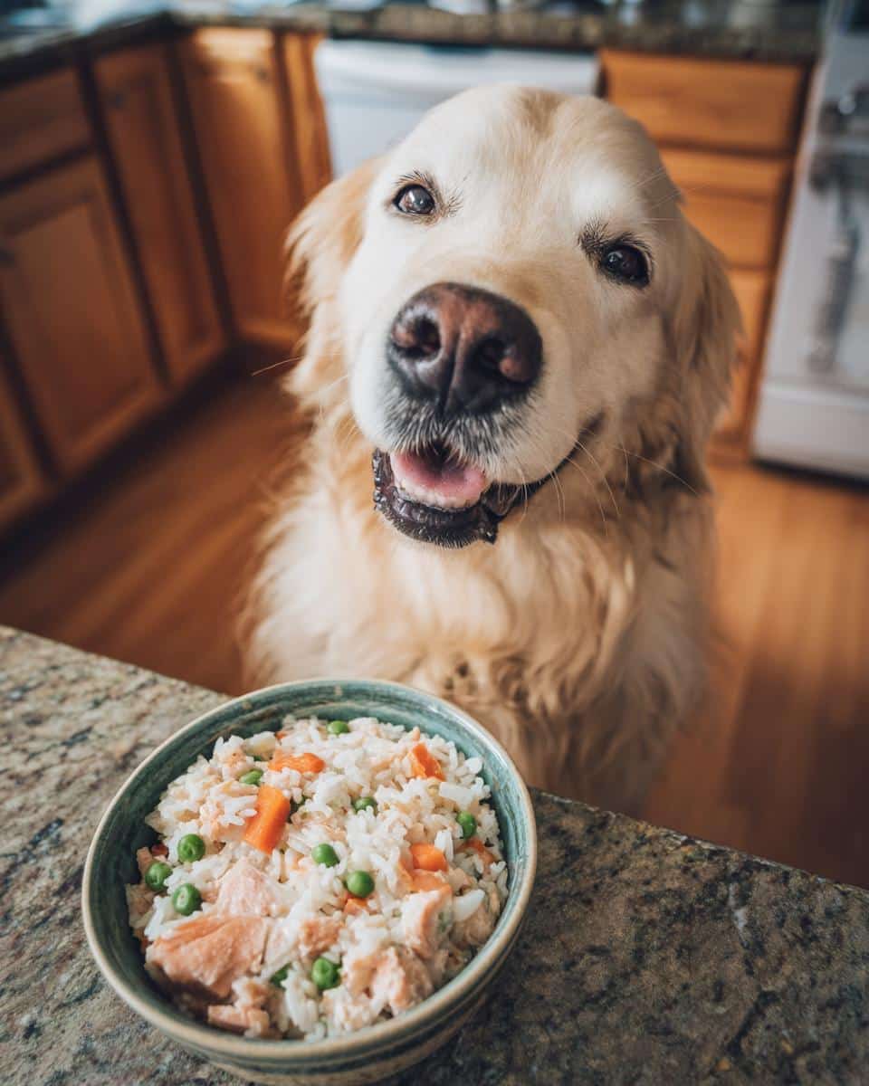 Golden retriever looking at a bowl of Salmon & Brown Rice Dog Food, ready to eat.