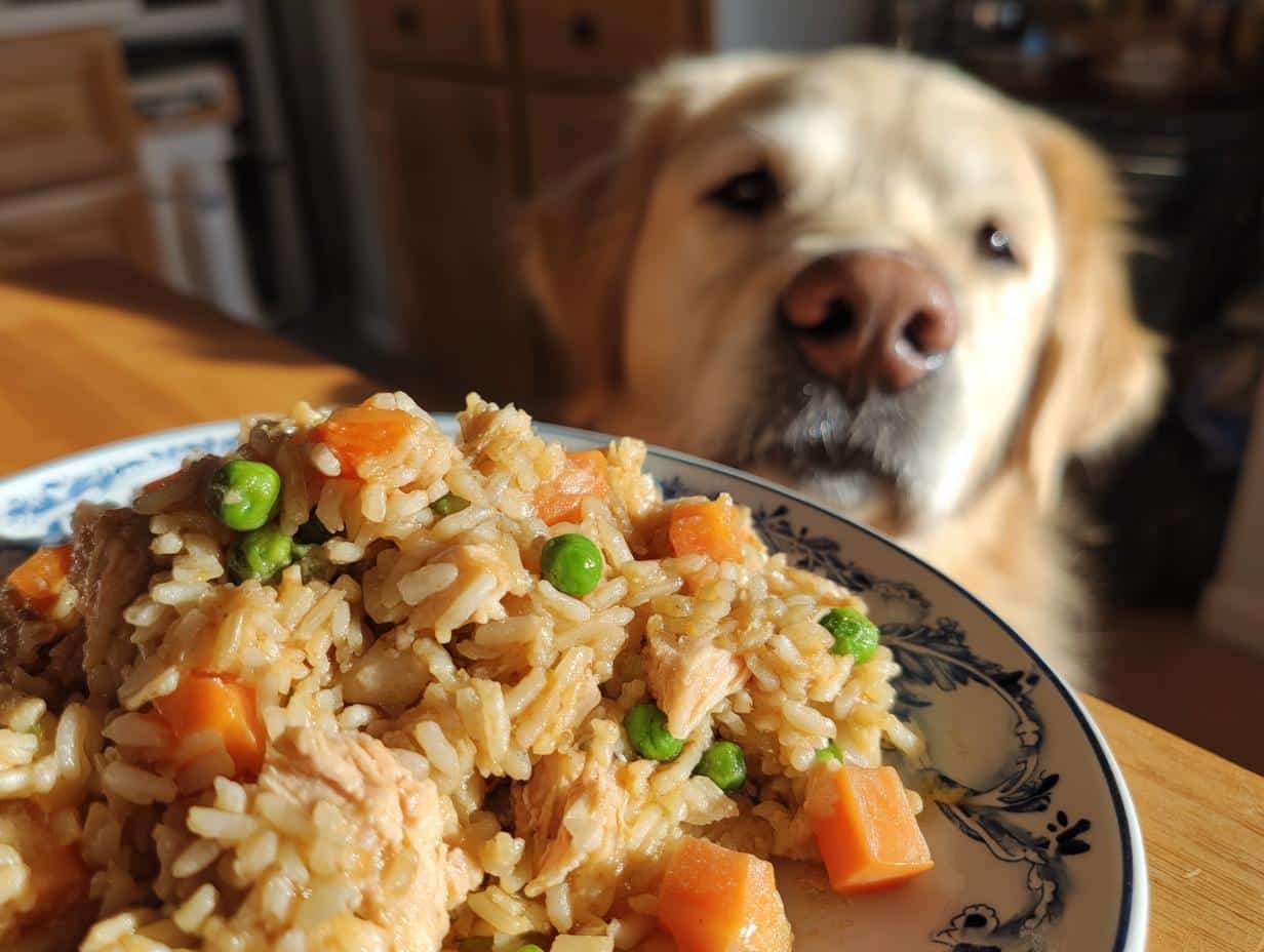 Golden retriever looking at a plate of Salmon & Brown Rice Best Dog Food Recipe with carrots and peas.