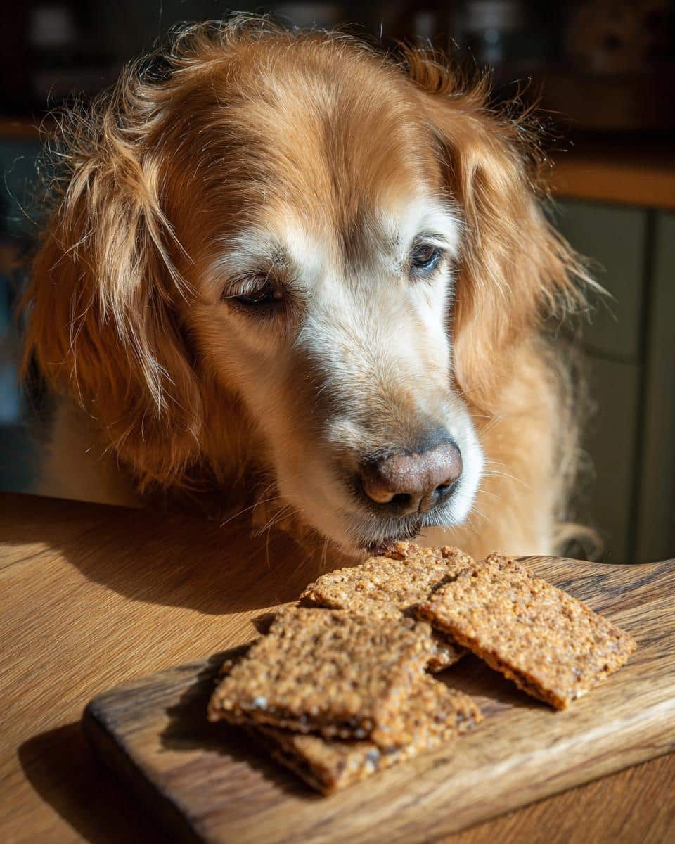 Golden Retriever dog looking at a pile of Salmon Carrot Biscuits on a wooden board.