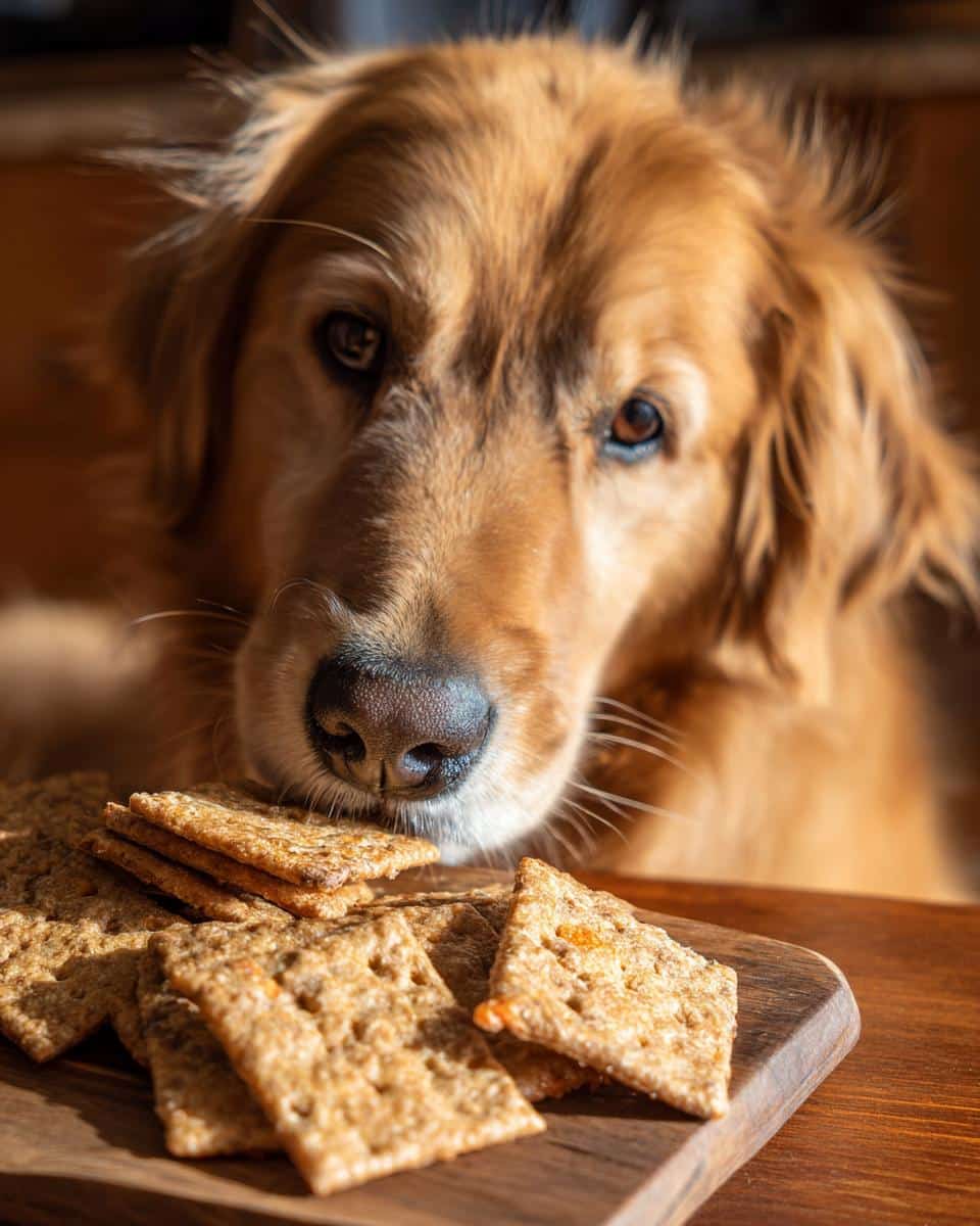 A golden retriever longingly looks at a pile of Salmon Carrot Biscuits on a wooden board.