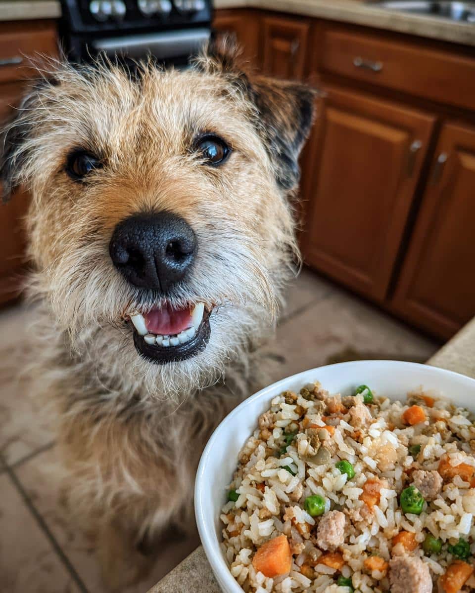 Happy dog looking at a bowl of Salmon & Carrot Dog Food. The food contains rice, carrots, peas, and salmon.