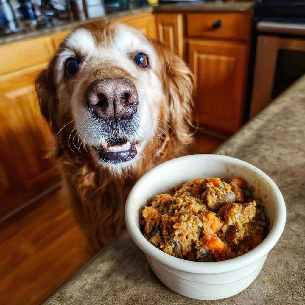 Golden Retriever dog eagerly awaiting a bowl of Salmon & Carrot Dog Food. Homemade dog food recipe.