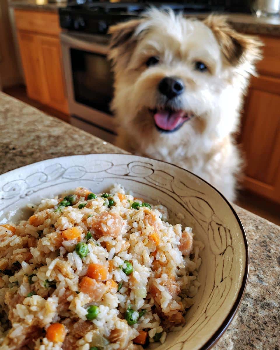 Happy dog looking at a bowl of homemade Salmon & Carrot Dog Food Recipe. Healthy meal!