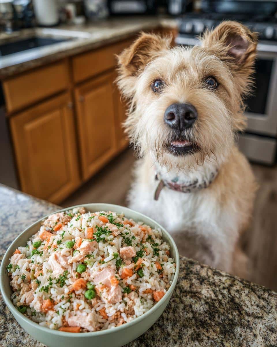 A dog looks longingly at a bowl of Salmon & Carrot Dog Food Recipe. Healthy homemade pet food.