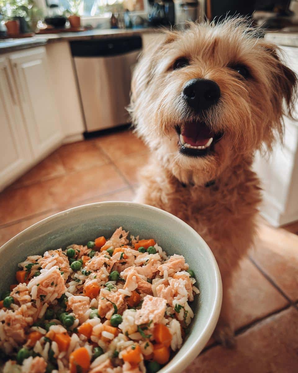 Happy dog looking at a bowl of Salmon & Carrot Dog Food. Healthy and delicious recipe.