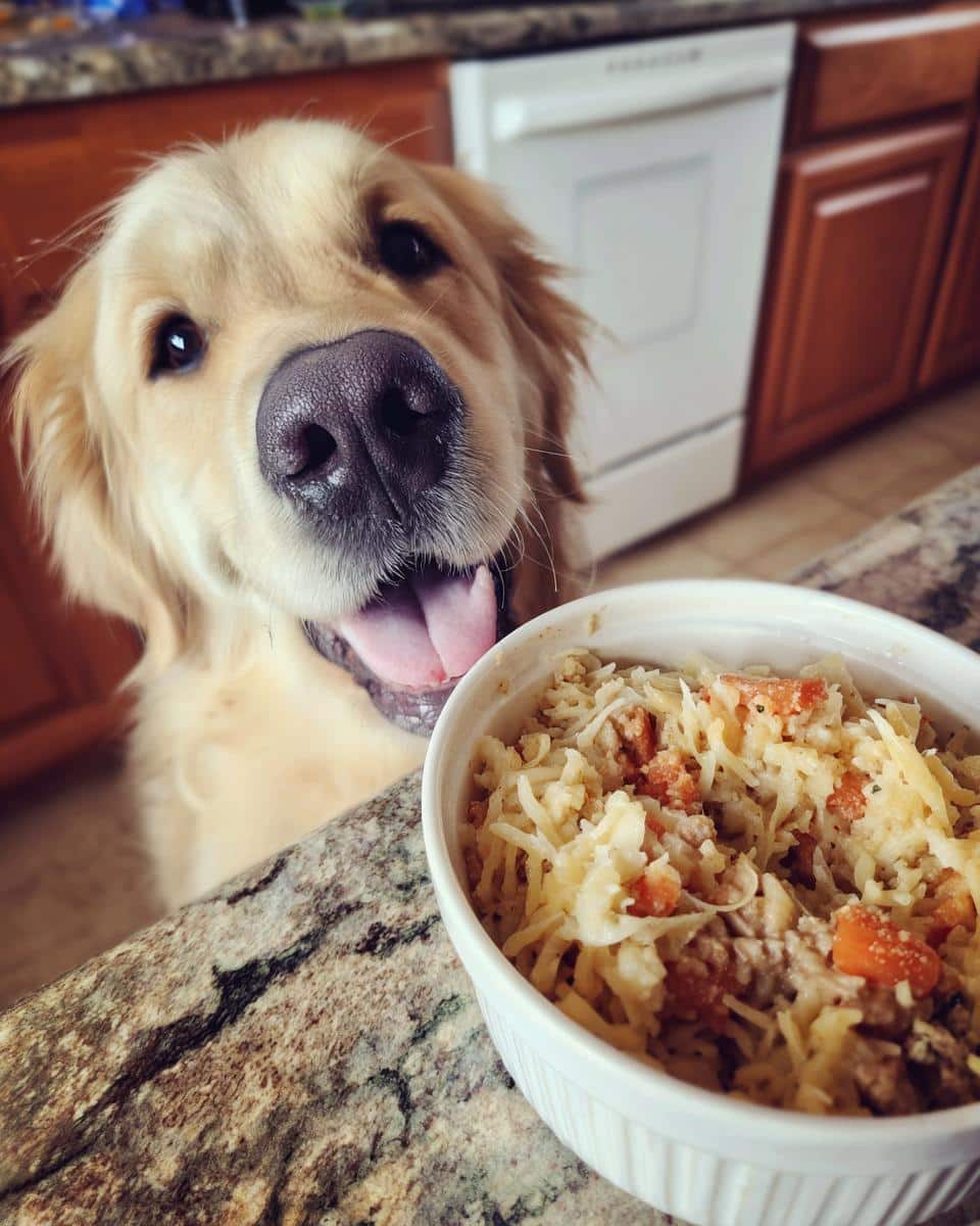 Golden retriever eagerly awaits a Salmon & Egg Dog Food Bowl. Healthy and delicious homemade dog food.