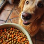 Golden retriever looking at a Salmon & Egg Dog Food Bowl, ready to eat.