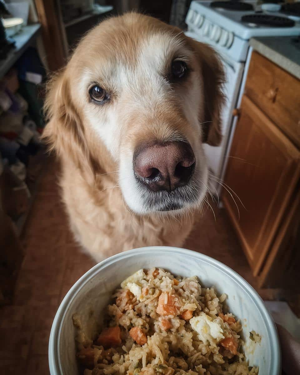 Golden Retriever dog looking at a bowl of Salmon & Egg Dog Food Bowl. Cute dog begging for food.