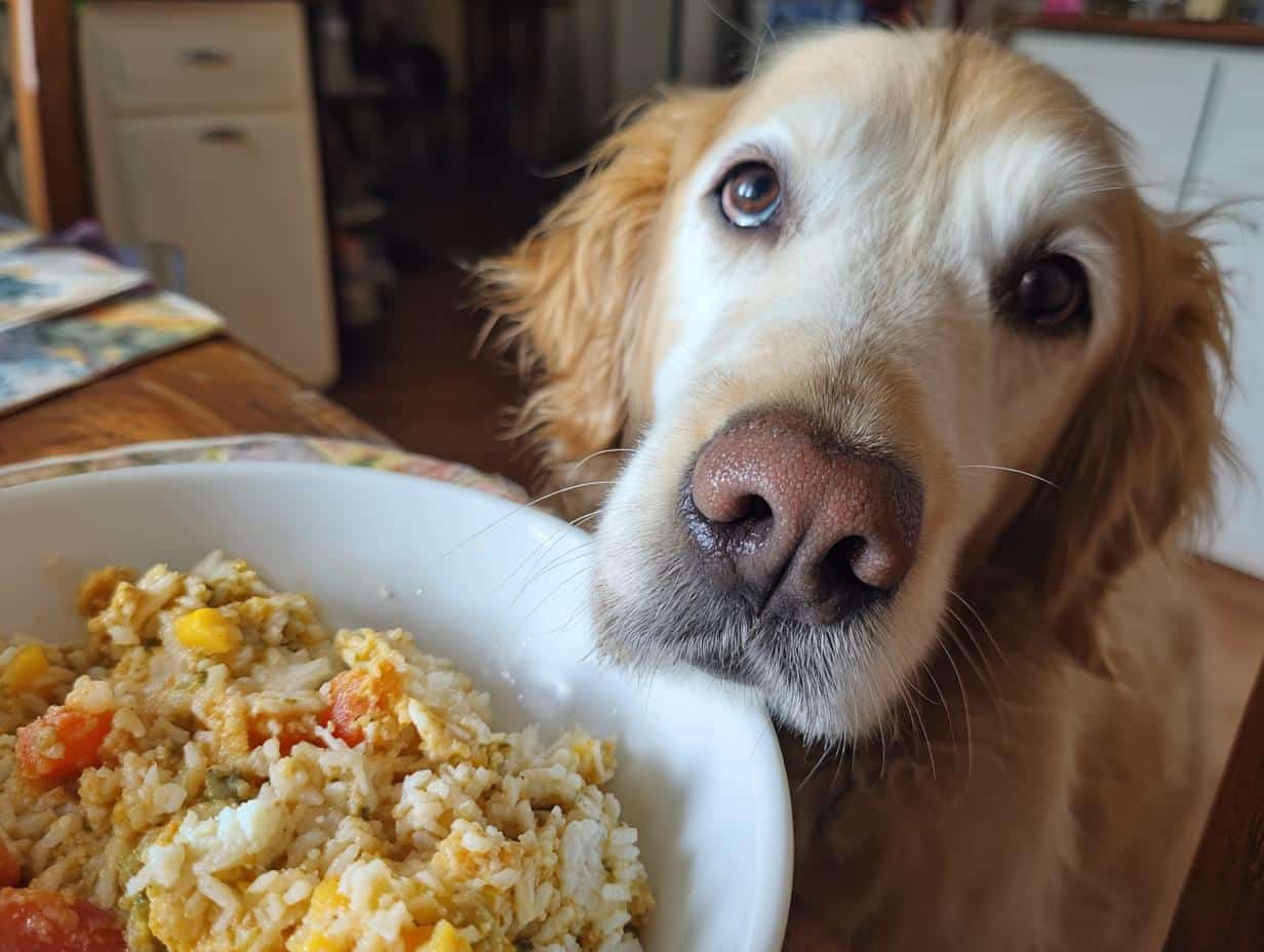 Golden Retriever dog looking at a Salmon & Egg Dog Food Bowl. The bowl contains rice, salmon, egg, and vegetables.