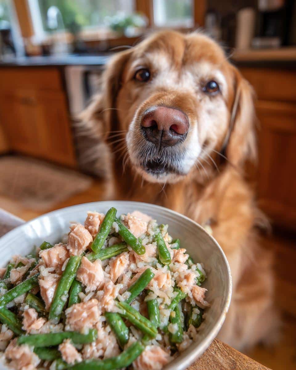 Golden retriever looking longingly at a bowl of Salmon & Green Beans Dog Recipe.