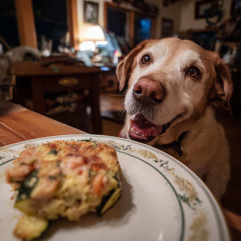 A happy dog looks eagerly at a plate of Salmon & Green Beans Dog Recipe. Delicious and healthy!