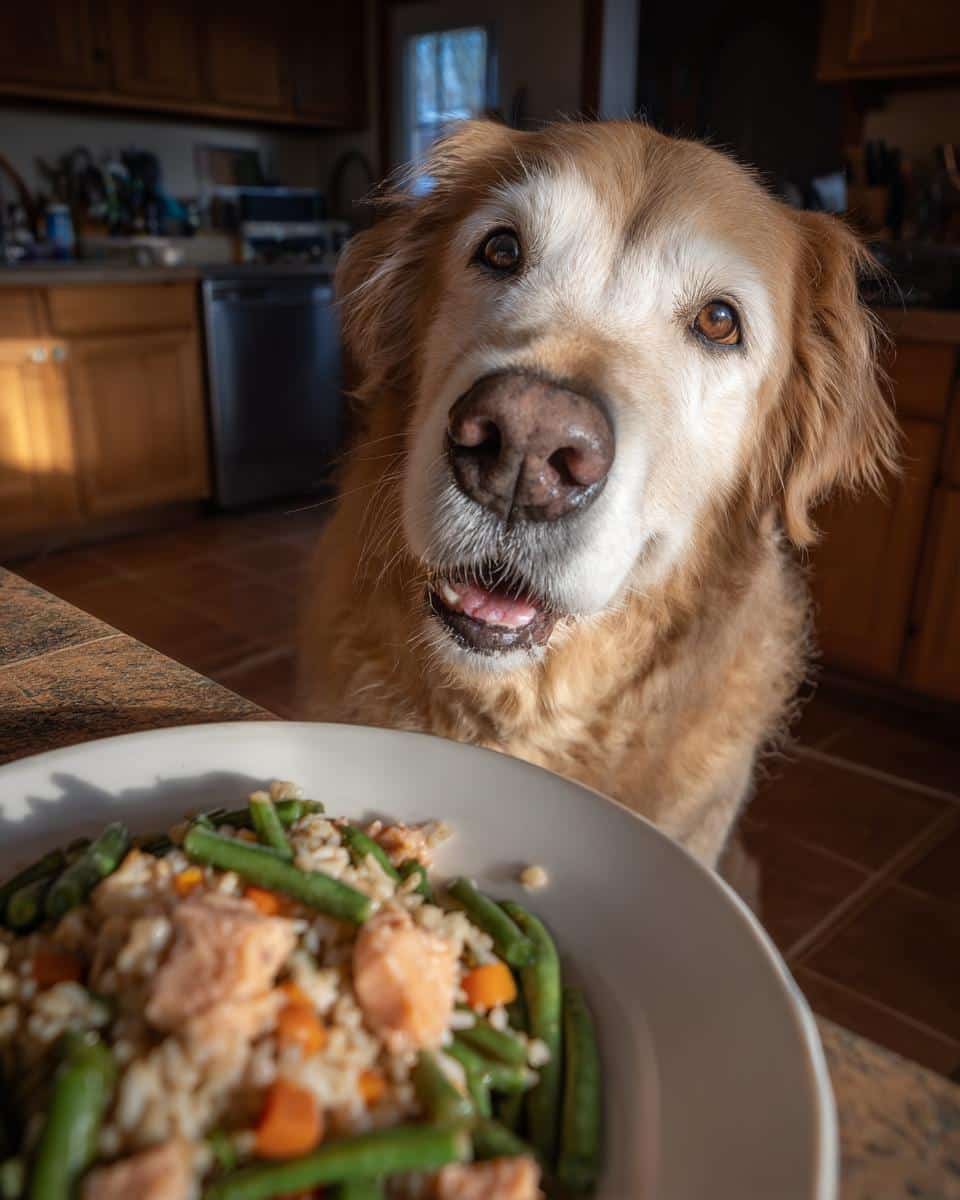 Golden Retriever dog looking at a plate of Salmon & Green Beans Dog Recipe, ready to eat.