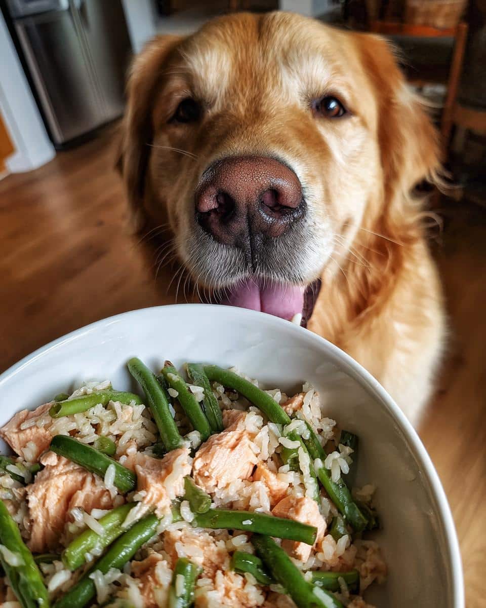 Golden retriever eagerly awaits a bowl of Salmon & Green Beans Dog Recipe. Healthy and delicious!