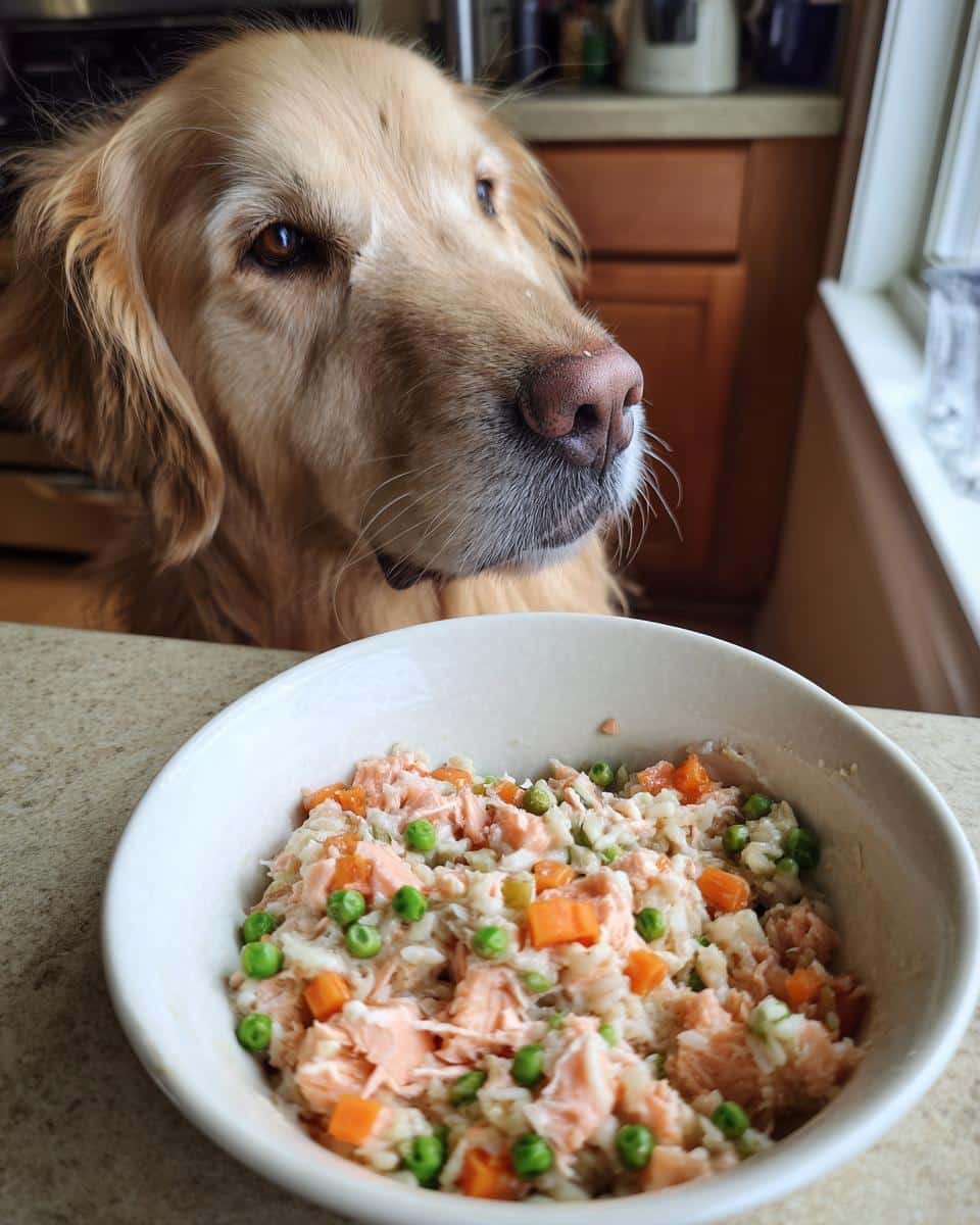 Golden retriever looking longingly at a bowl of Salmon & Oatmeal Quick Dog Recipe with peas and carrots.