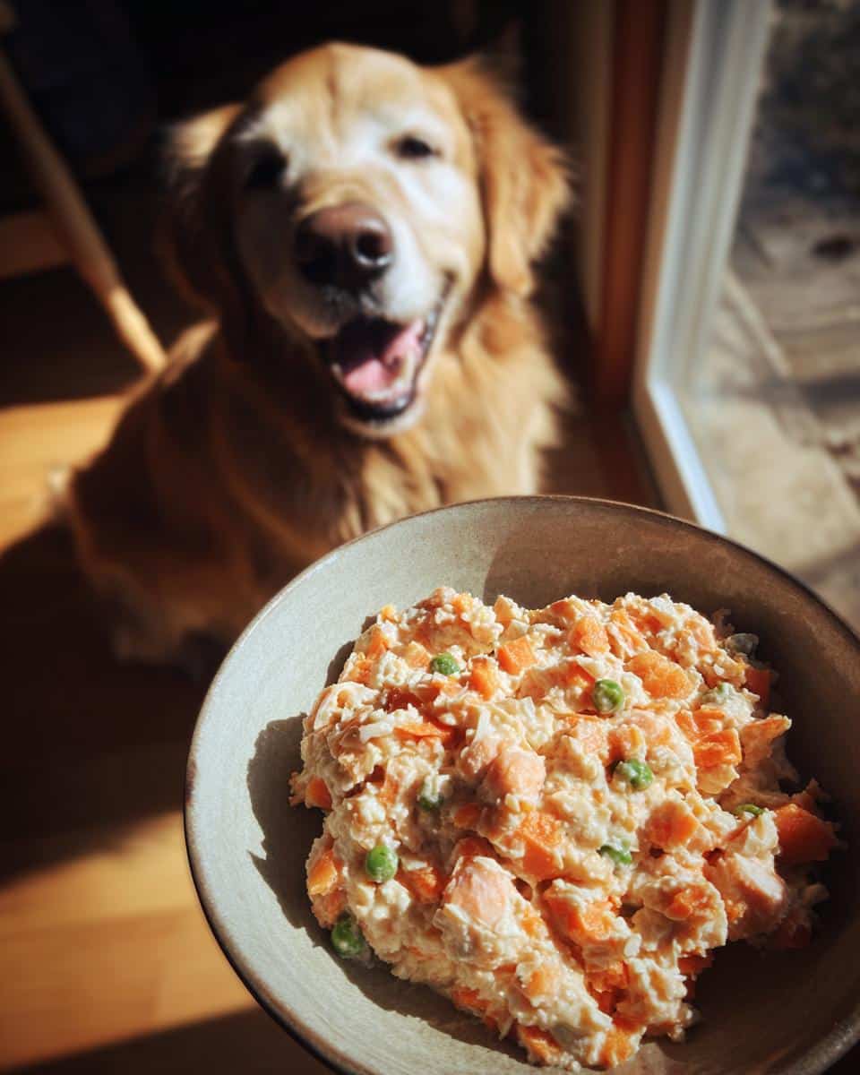 Bowl of Salmon & Oats Dog Recipe with carrots and peas, with a happy golden retriever in the background.