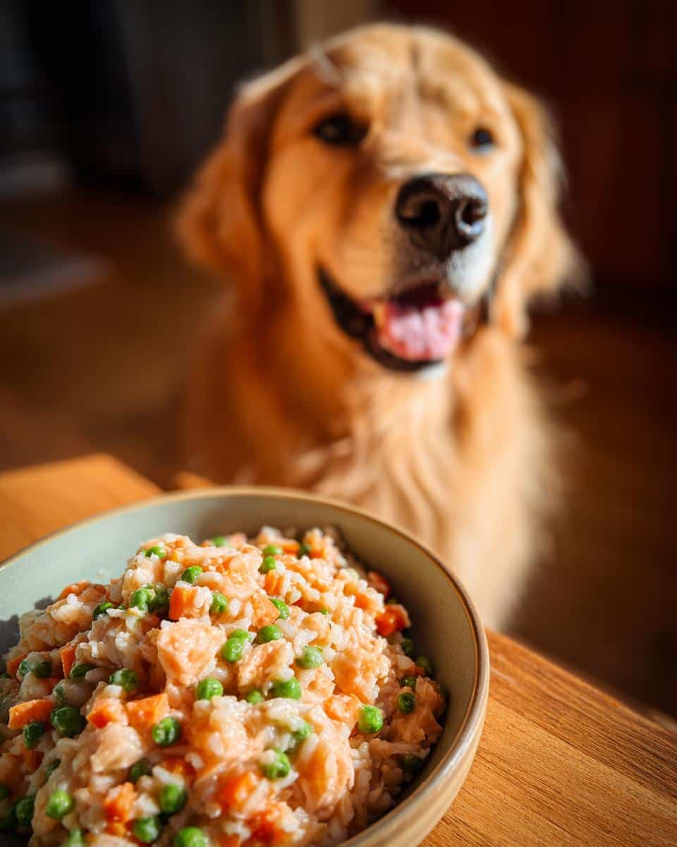Bowl of Salmon & Oats Dog Recipe with a happy Golden Retriever dog in the background.