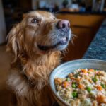 Golden Retriever dog eagerly awaiting a bowl of Salmon & Oats Dog Recipe. Focus on the dog and the food bowl.