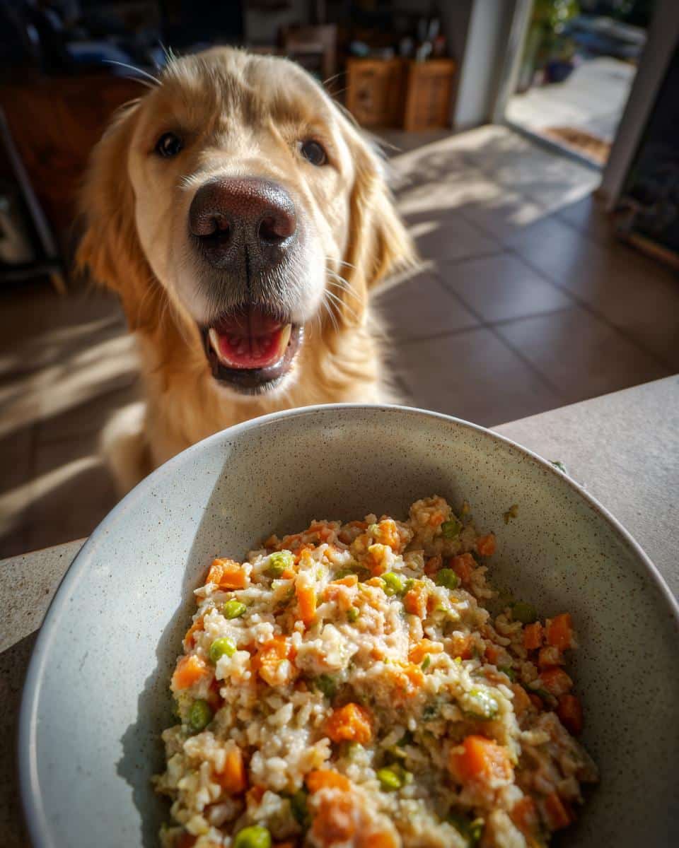 Golden Retriever dog eagerly awaits a bowl of Salmon & Oats Dog Recipe, promising shiny coats.