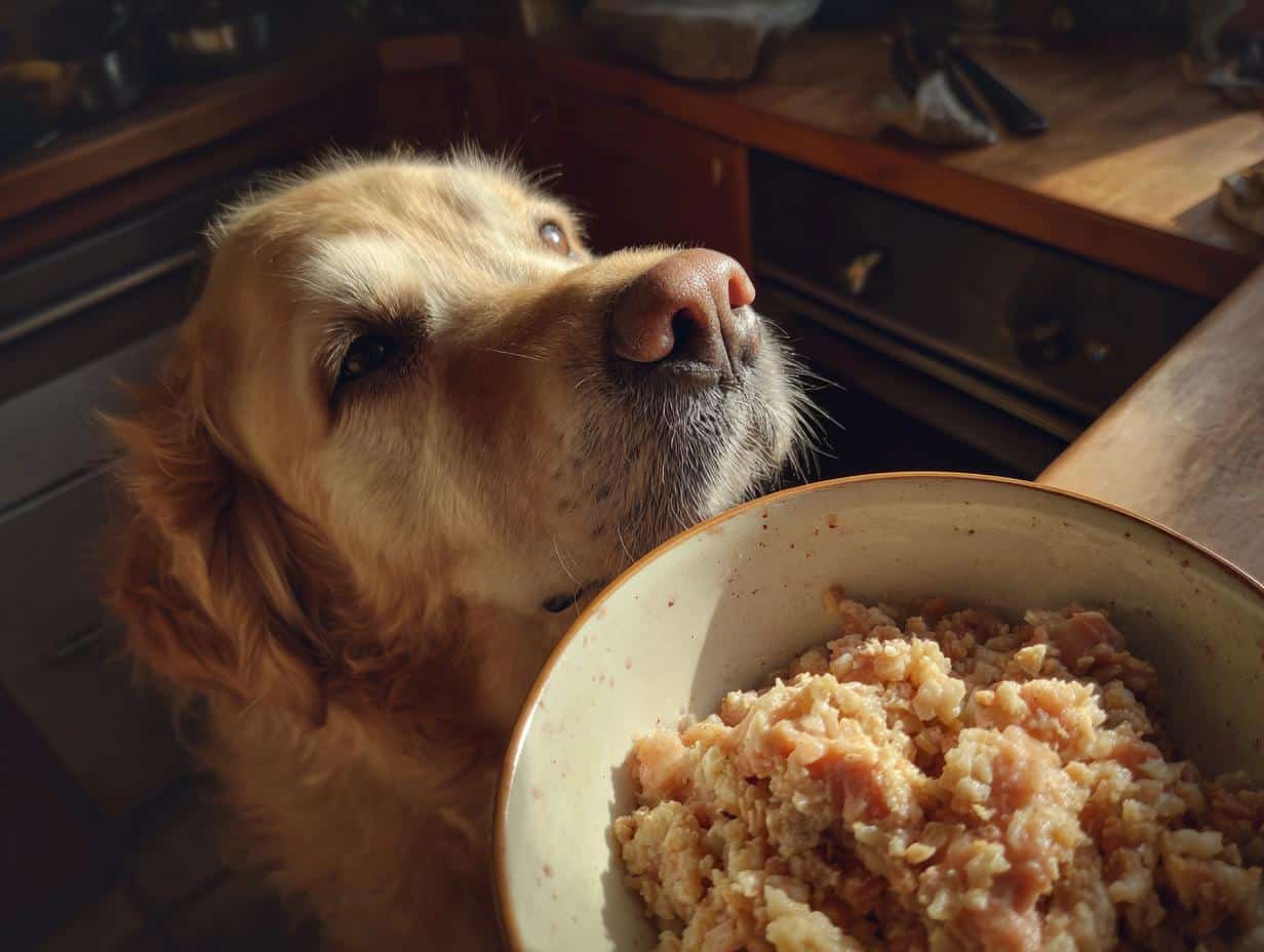 Golden retriever looking expectantly at a bowl of Fan-Favorite Salmon & Oats Dog Recipe.