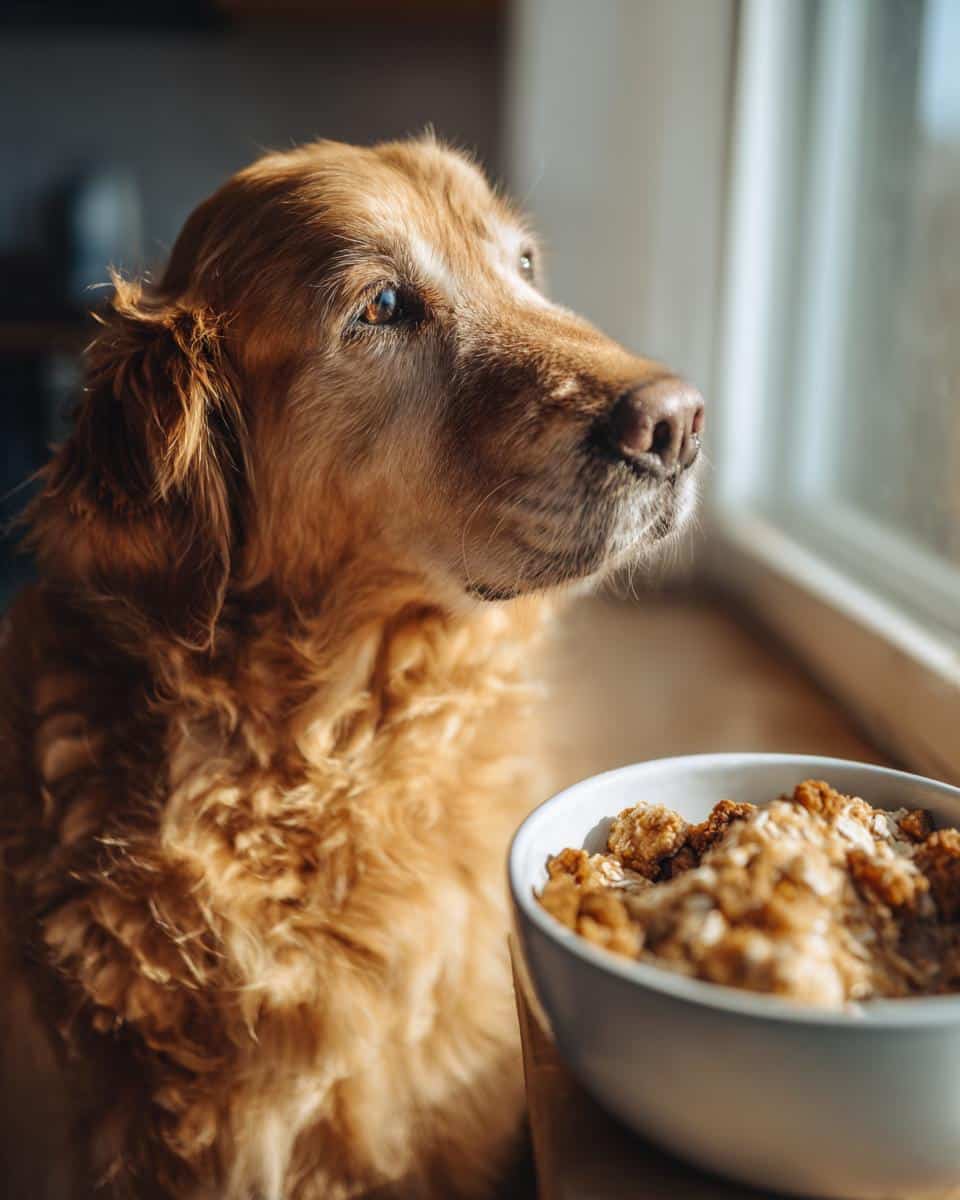 Golden Retriever dog looking out the window next to a bowl of Fan-Favorite Salmon & Oats Dog Recipe.
