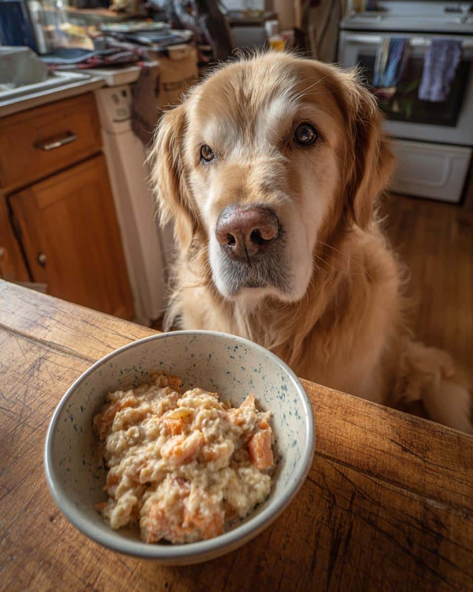 Golden Retriever dog looking longingly at a bowl of Fan-Favorite Salmon & Oats Dog Recipe.