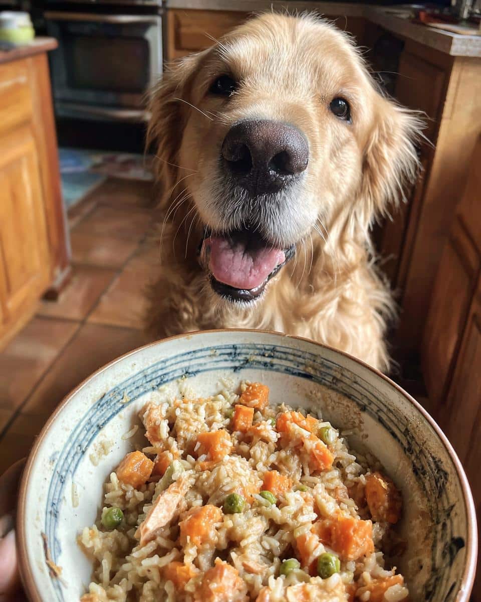 Golden Retriever looking eagerly at a bowl of Salmon & Oats Dog Recipe. Healthy and delicious!