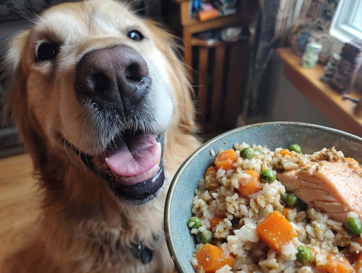 Happy golden retriever looking at a bowl of Salmon & Oats Dog Recipe. Healthy meal for shiny coats.