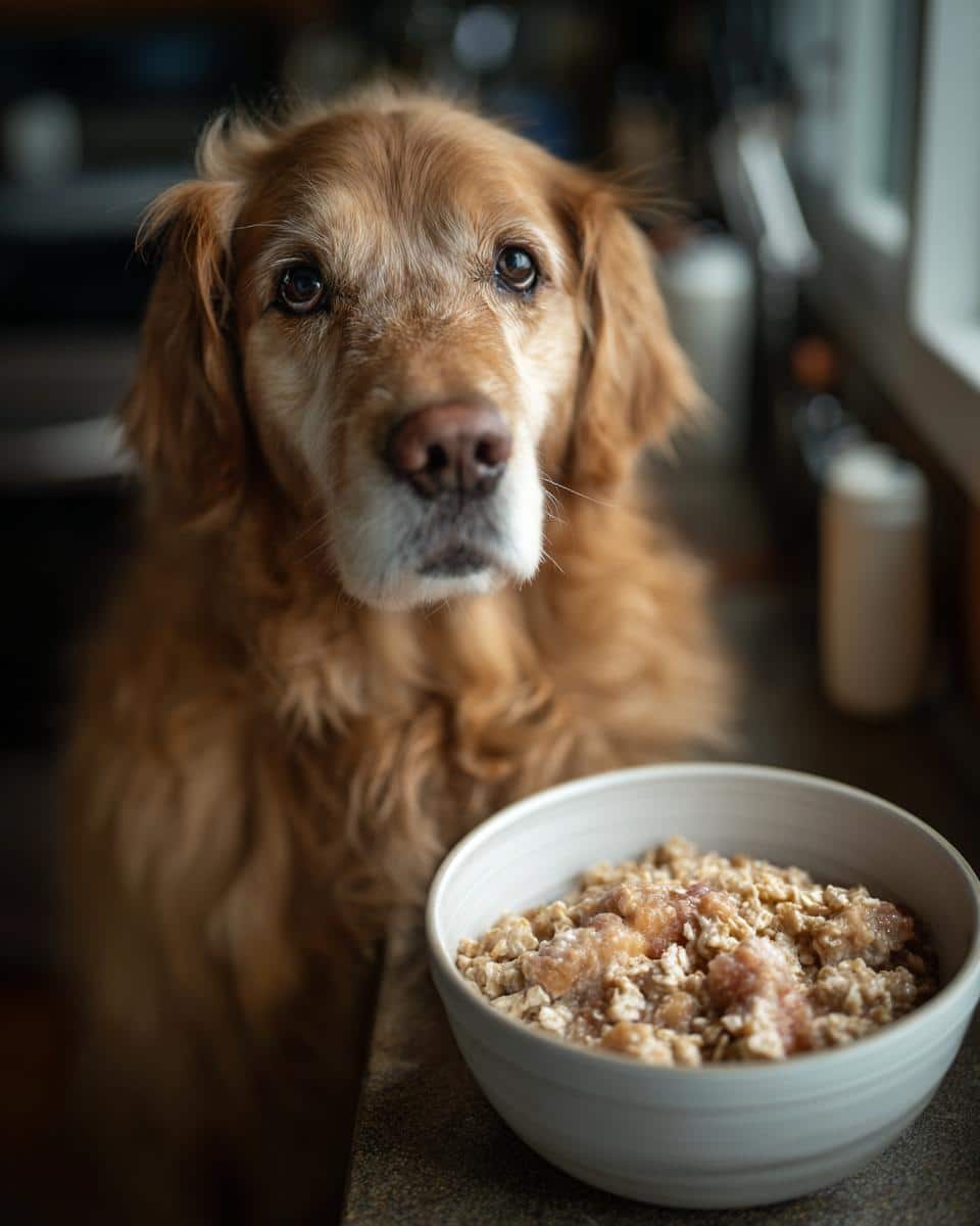Golden retriever looking longingly at a bowl of Fan-Favorite Salmon & Oats Dog Recipe.
