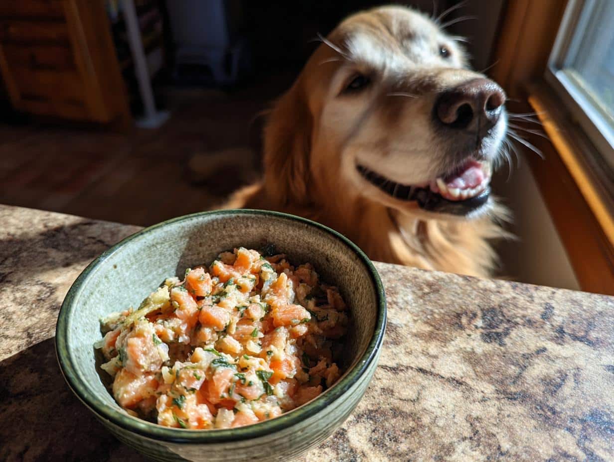 Golden Retriever looking at a bowl of Salmon & Pumpkin Dog Food for Coats.